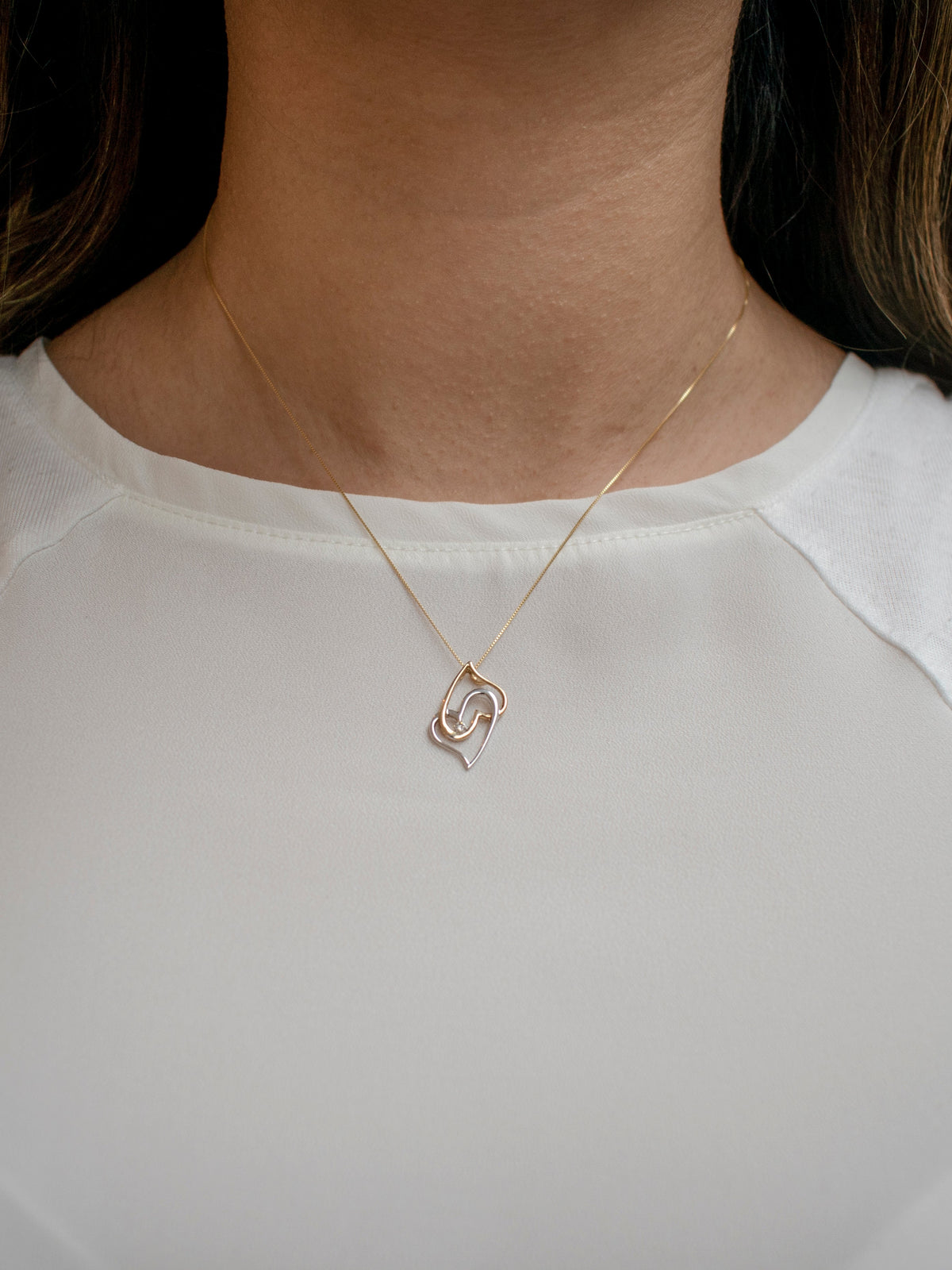 10K 2 Tone Gold Diamond Heart Necklace - 18&quot;