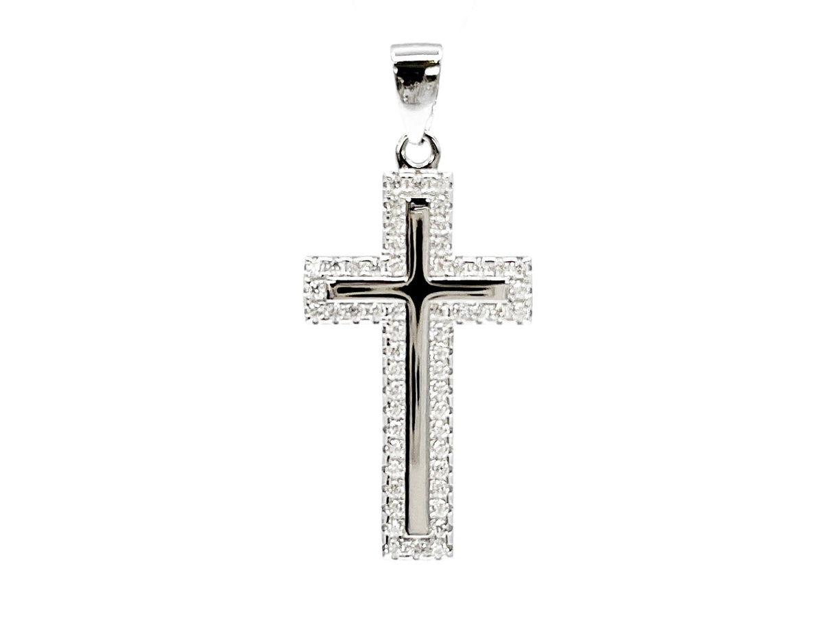 925 Sterling Silver Cubic Zirconia 28mm x 15mm Crested Cross Charm