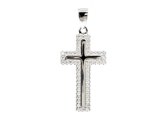TRACKING - 925 Sterling Silver Cubic Zirconia 28mm x 15mm Crested Cross Charm