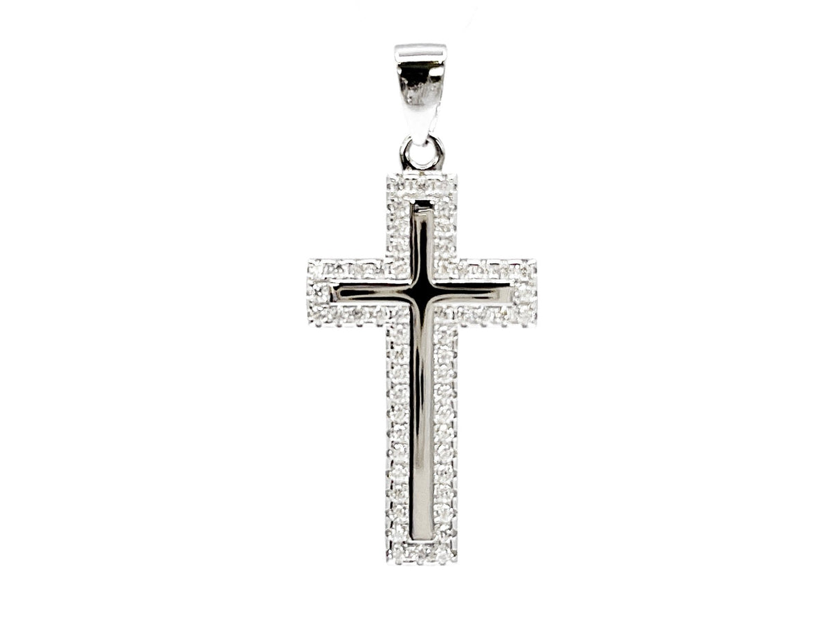 TRACKING - 925 Sterling Silver Cubic Zirconia 28mm x 15mm Crested Cross Charm