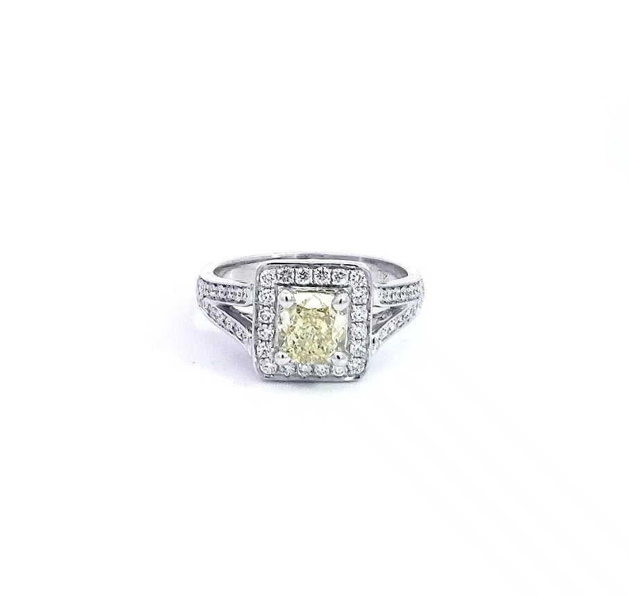 Anillo de compromiso con halo de diamantes amarillos naturales de lujo de 1,52 quilates de oro blanco de 14 quilates, tamaño 6,5
