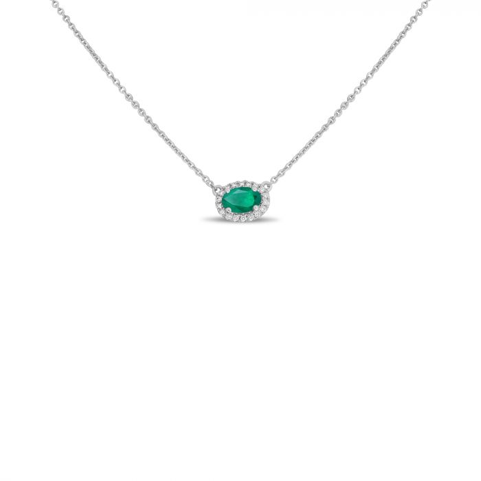 Collar con halo de diamantes y esmeraldas de talla ovalada en oro blanco de 18 quilates, 40,6 a 45,7 cm