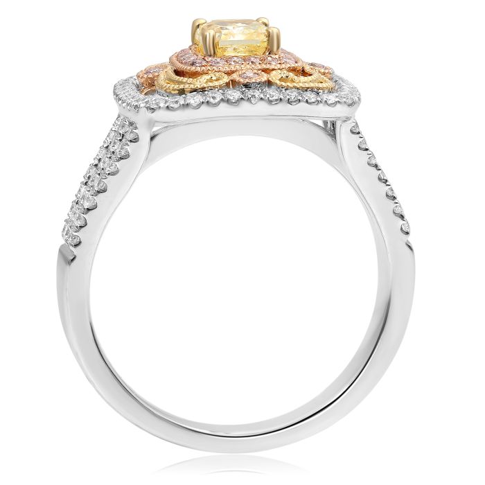 Anillo con halo en racimo antiguo de diamantes amarillos, rosados ​​y blancos de fantasía natural de talla radiante en oro de 18 quilates en 2 tonos